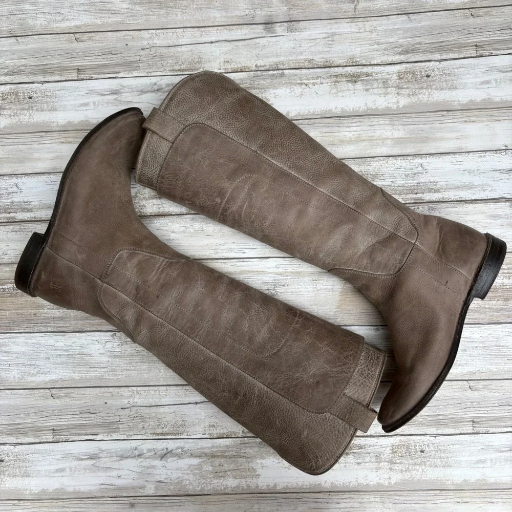 Frye Boots Paige Leather 6.5 Grey Pull On Round Toe Riding Western Distressed - Picture 8 of 12